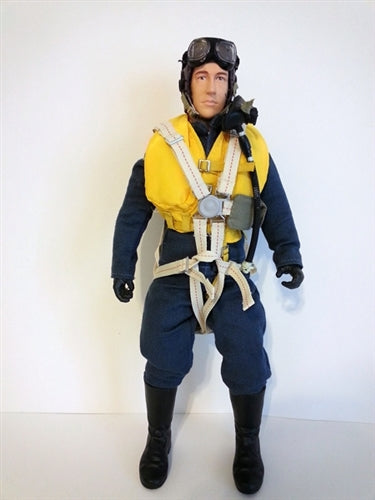 WWII British RAF Pilot figure for RC planes, wearing a classic flight suit and helmet, ideal for scale model aircraft.