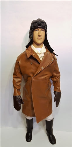 WWI British/ French Pilot figure for RC planes, wearing a classic flight suit and helmet, ideal for scale model aircraft.